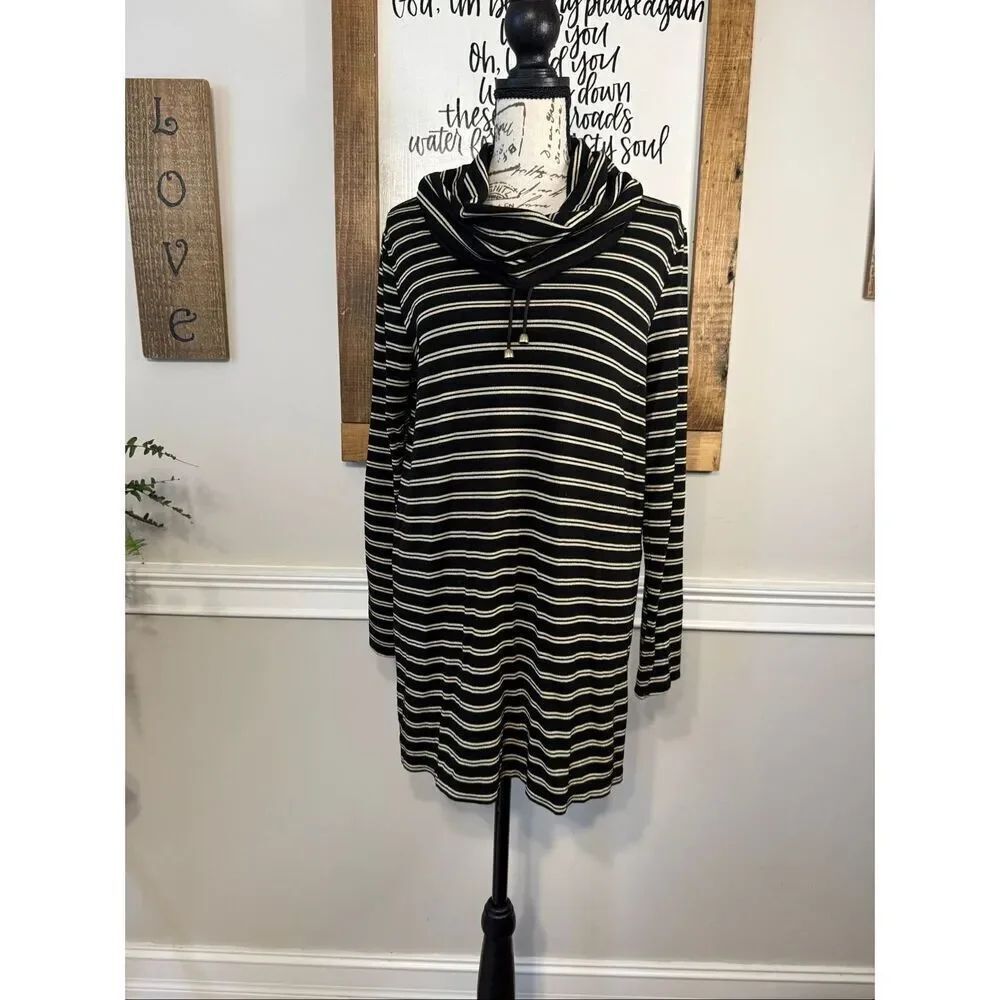 Zenergy By Chico's Women's Striped Cowl Neck Tunic Top Black Gold Size 0/Small